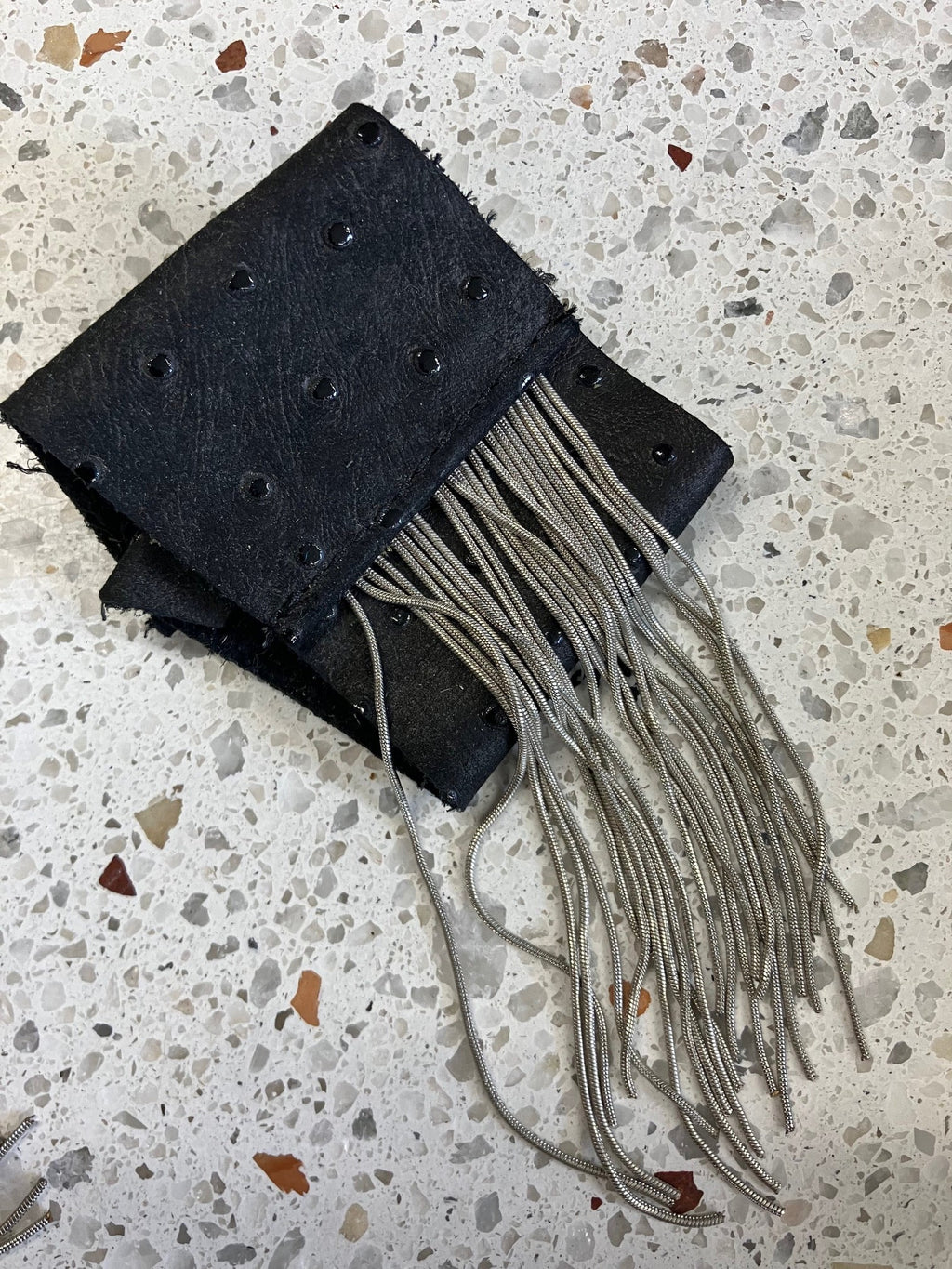 ONE OF A KIND Statement leather fringe bracelet, rock chic chain and leather bracelet Size XS