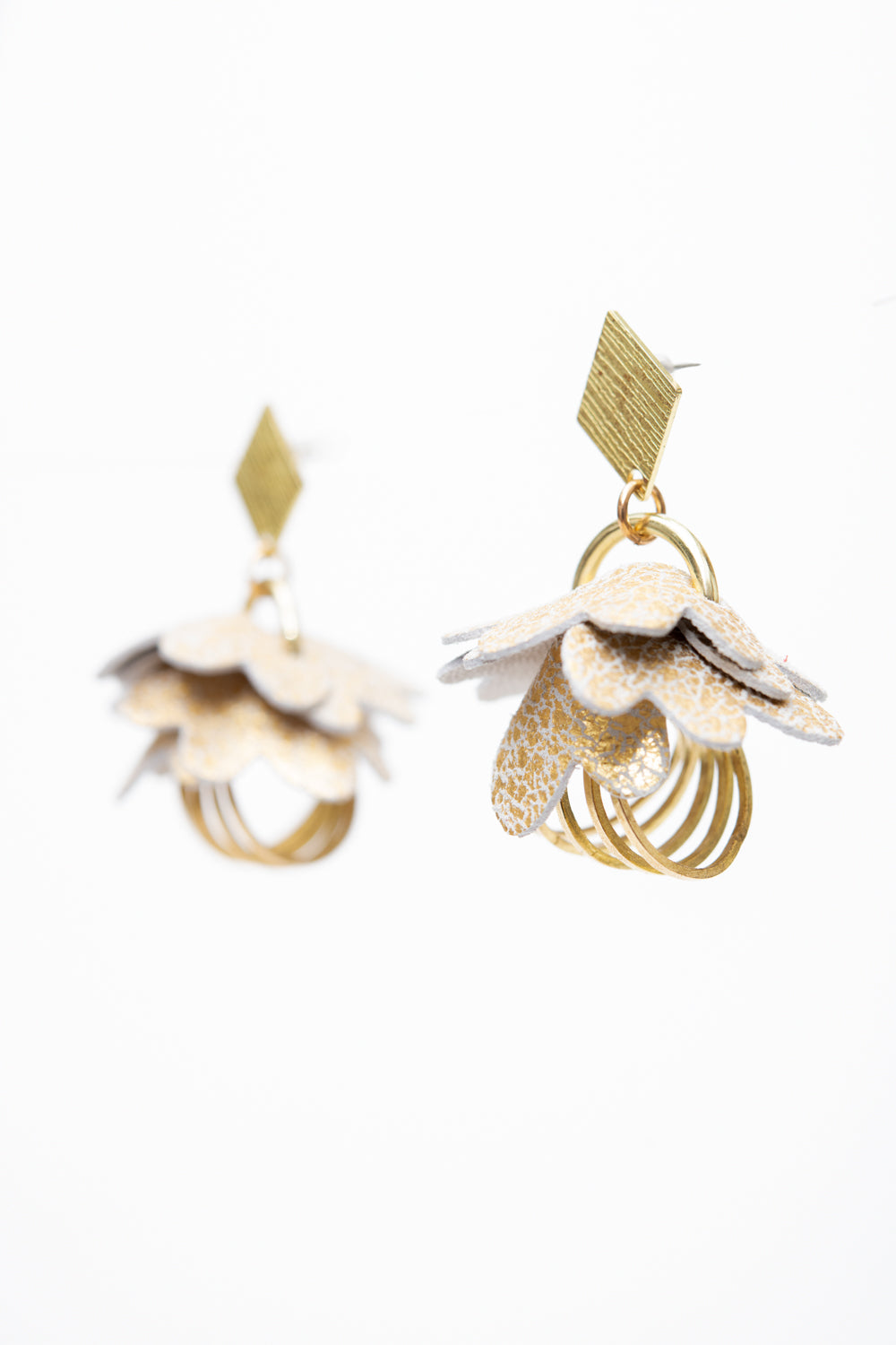 Veinage Unique and Poetic Leather Earrings FLEUR DES NEIGES model Handmade in Montreal Canada