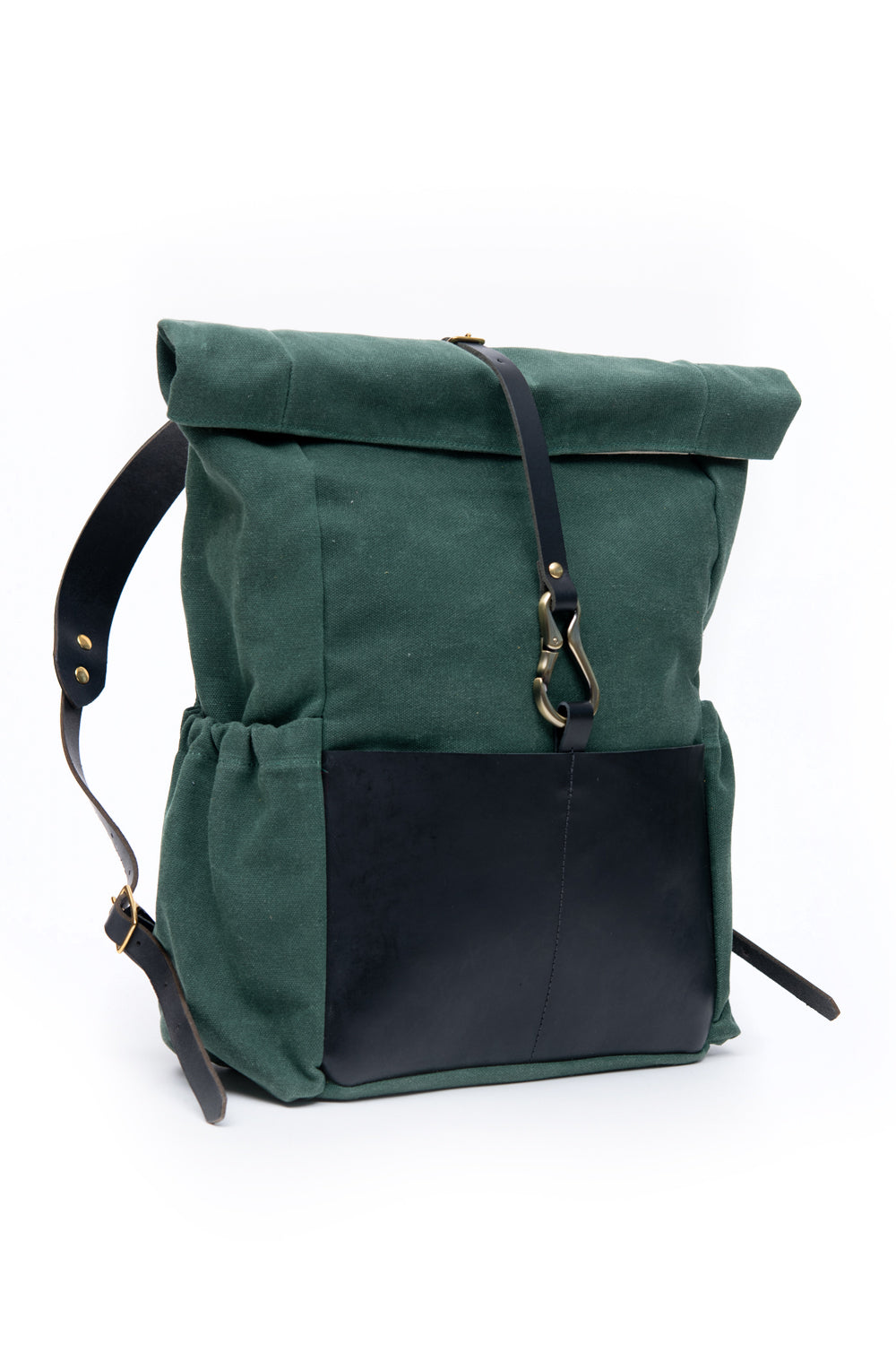 Roll top leather and waxed coton backpack DE LORIMIER model