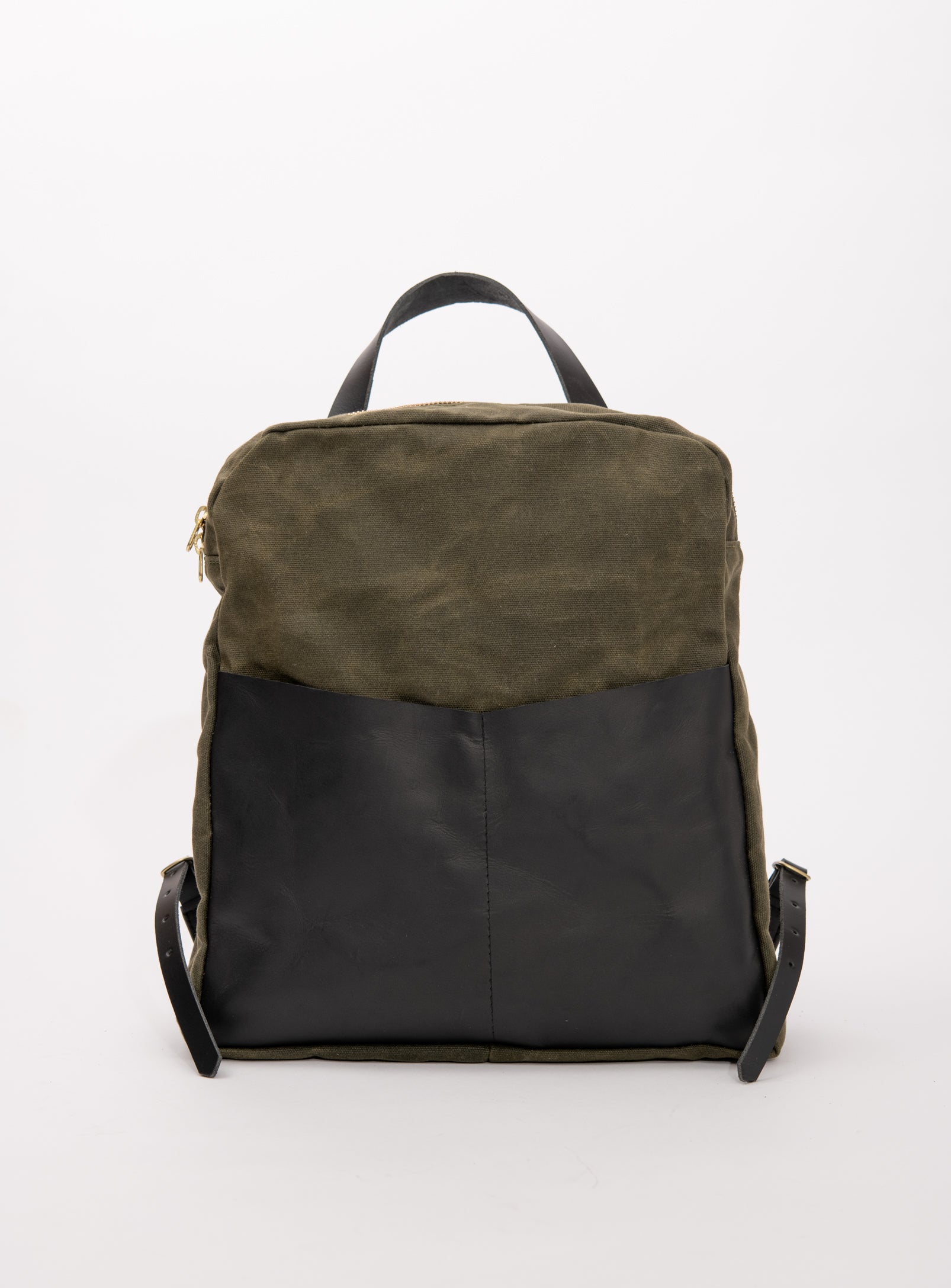 Veinage Gilford black leather and army green waxed canvas backpack, handmade in Montreal Canada