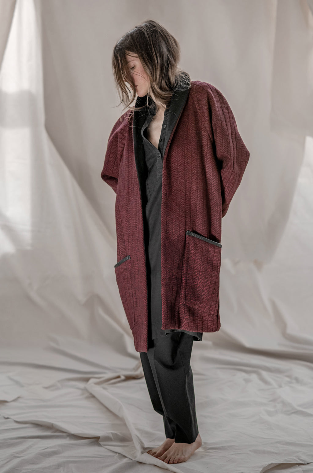 Veinage Wool Jacket Loose Fit Coat Burgundy Herringbone