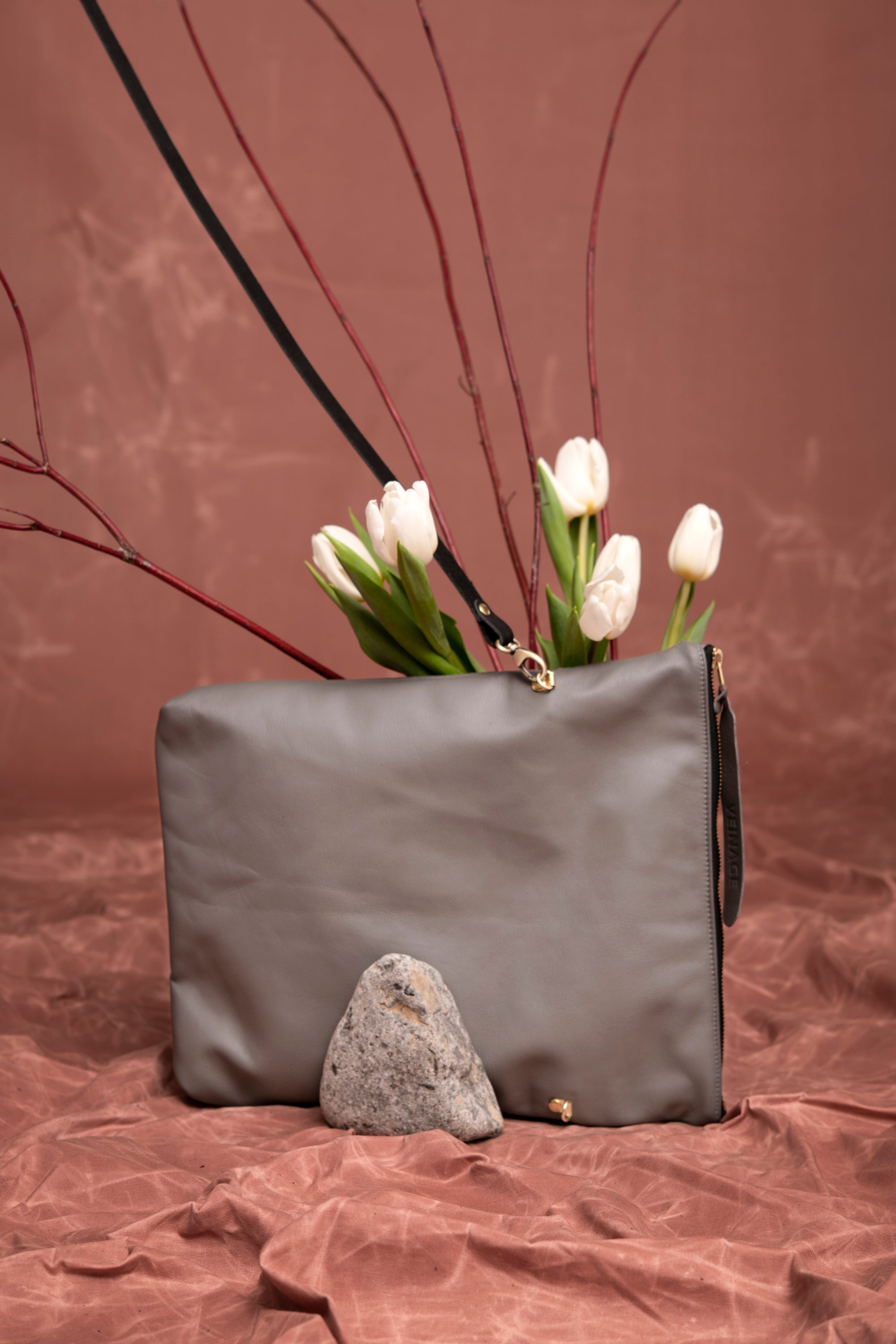 Leather clutch bag with crossbody strap BORDEAUX made to order by Veinage, handmade in Montreal Canada