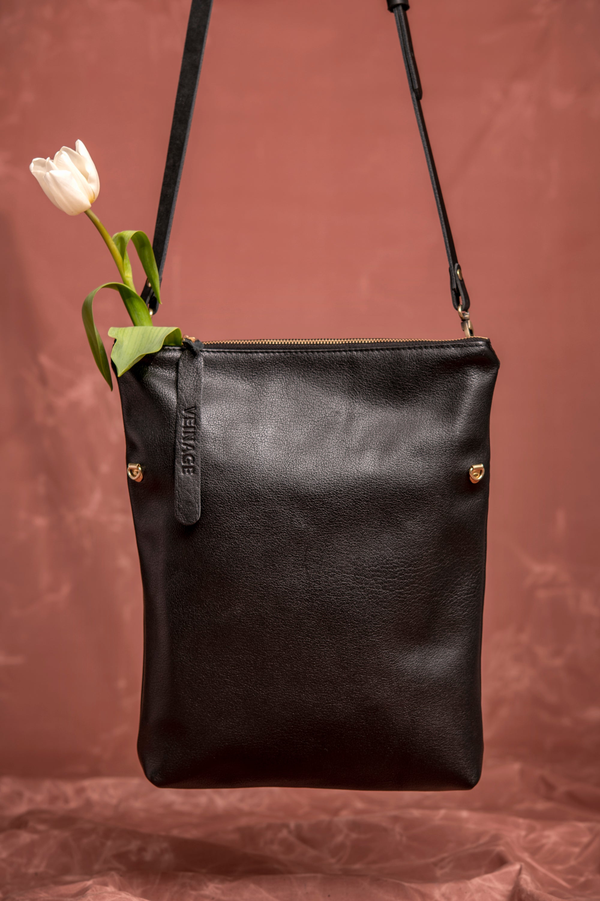 Leather clutch bag with crossbody strap BORDEAUX made to order by Veinage, handmade in Montreal Canada