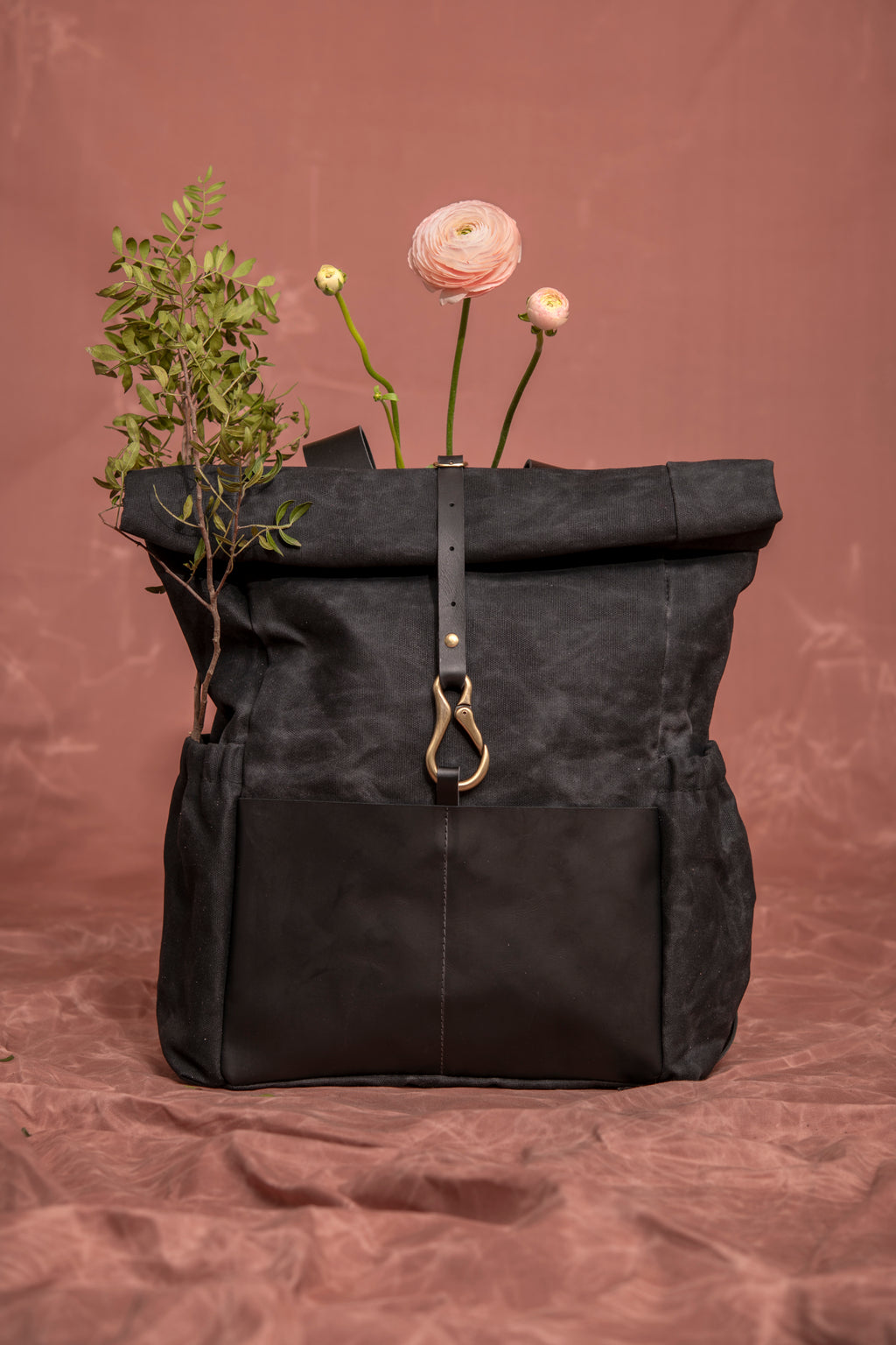 Leather and waxed canvas rolltop backpack DE LORIMIER made to order