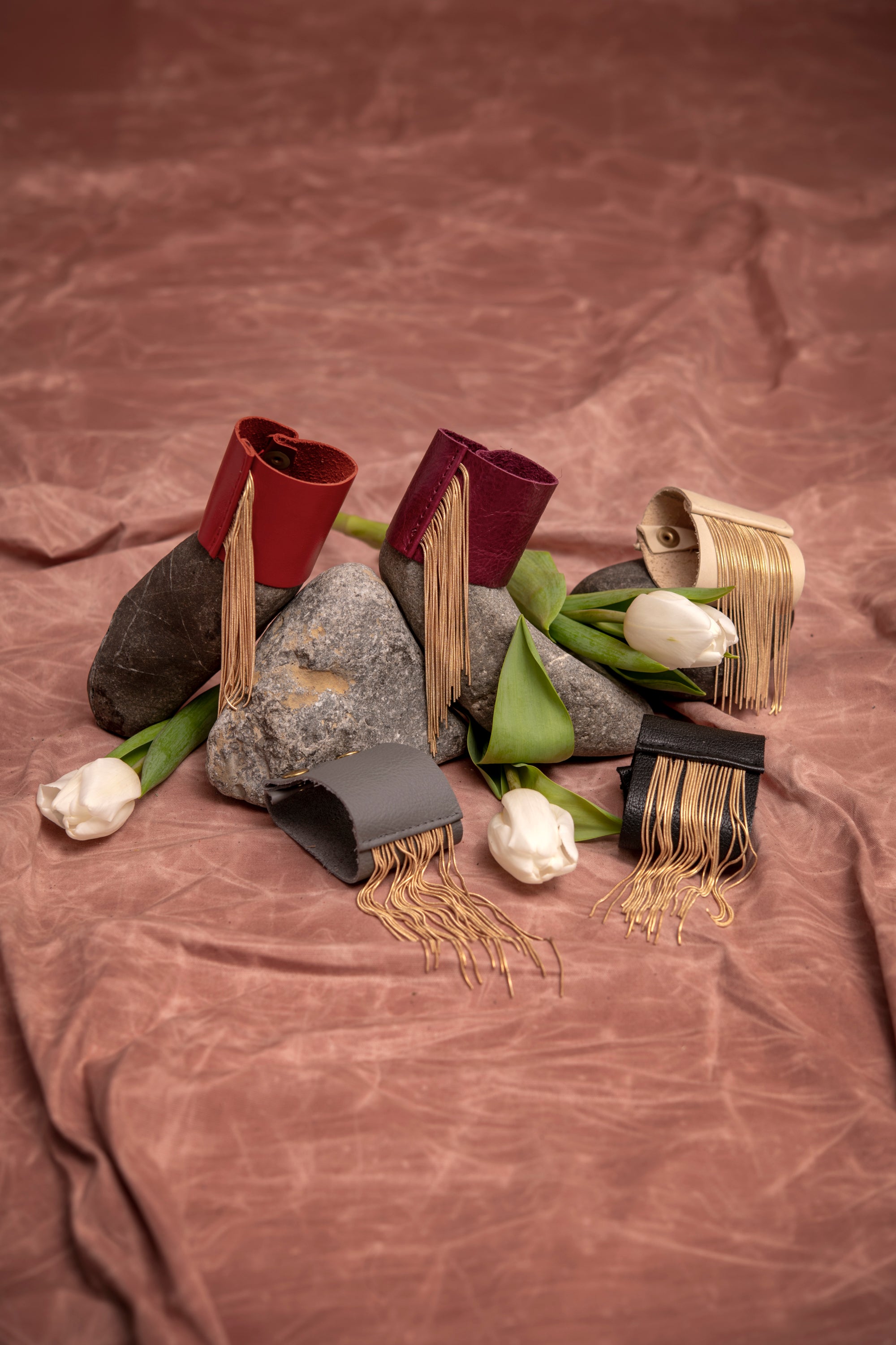 Veinage Statement leather fringe bracelet DANDURAND model, handmade Montreal, Canada