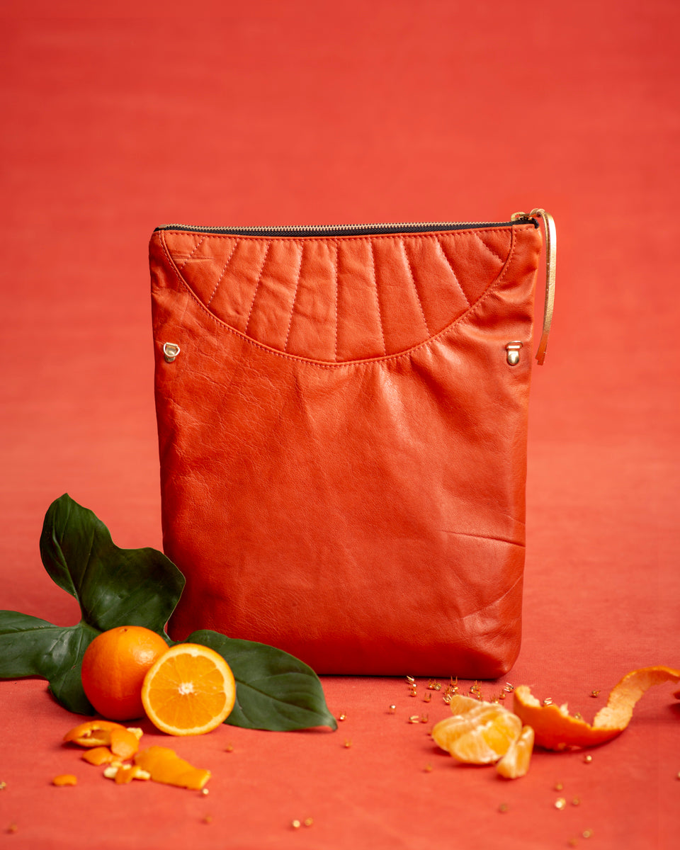 Leather clutch bag with crossbody strap ORANGE made to order