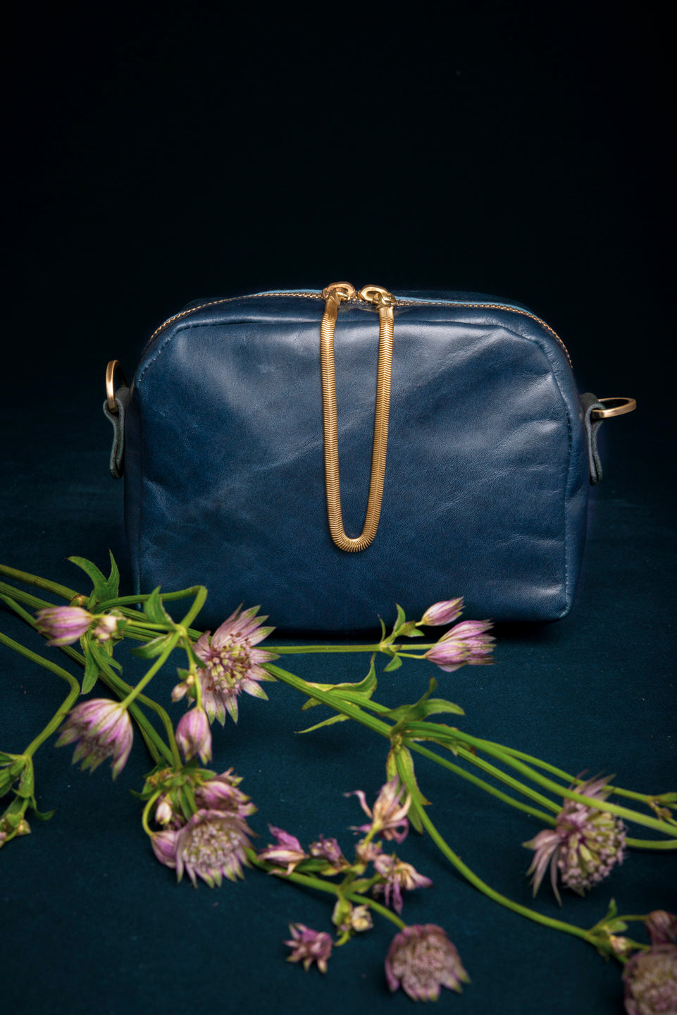 Veinage, made to order Leather Bag with brass snake chain tassel CARTIER, handmade in Montreal, Canada