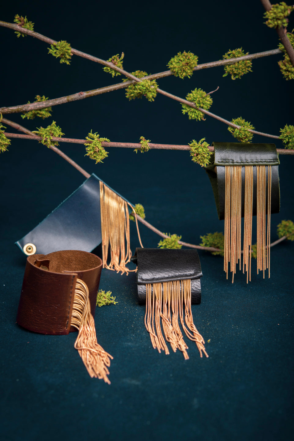 Veinage Statement leather fringe bracelet DANDURAND model, handmade Montreal, Canada