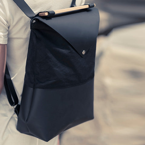 Veinage SILEX leather backpack with wood handle, laptop backpack, handmade in Montreal, Canada