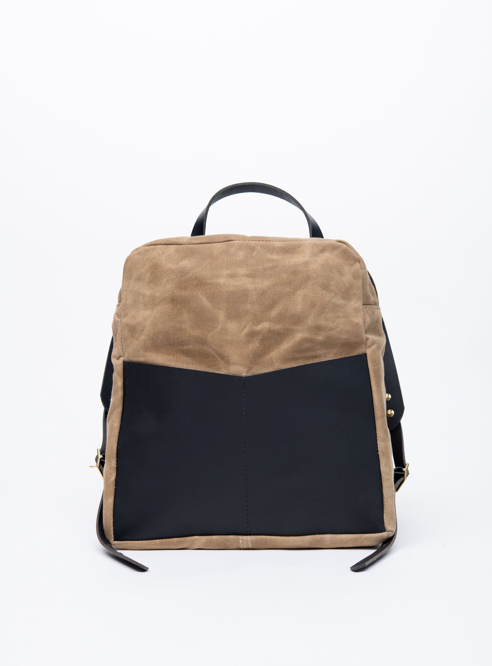 Veinage Gilford black leather and army green waxed canvas backpack, handmade in Montreal Canada