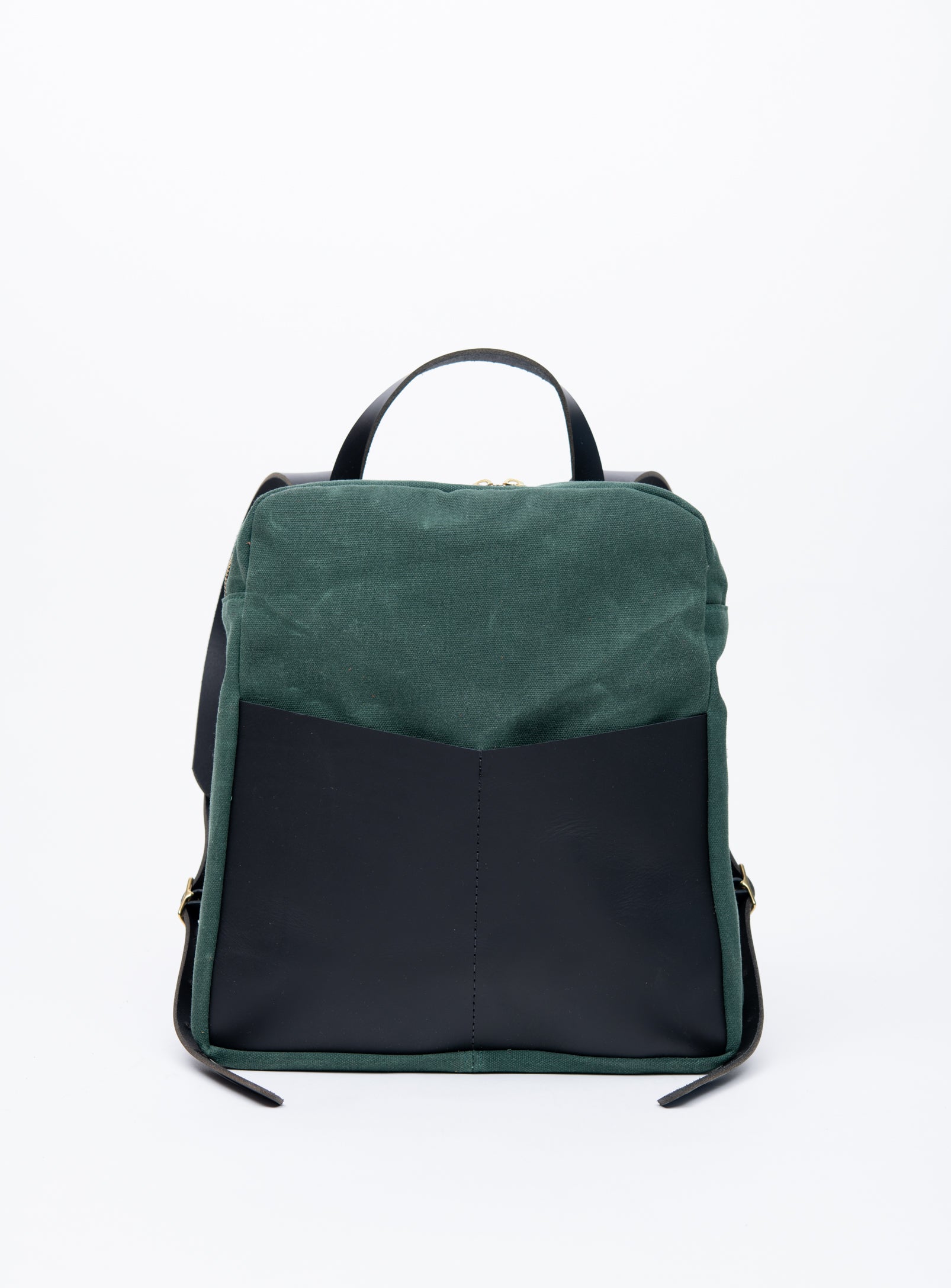 Veinage Gilford black leather and army green waxed canvas backpack, handmade in Montreal Canada